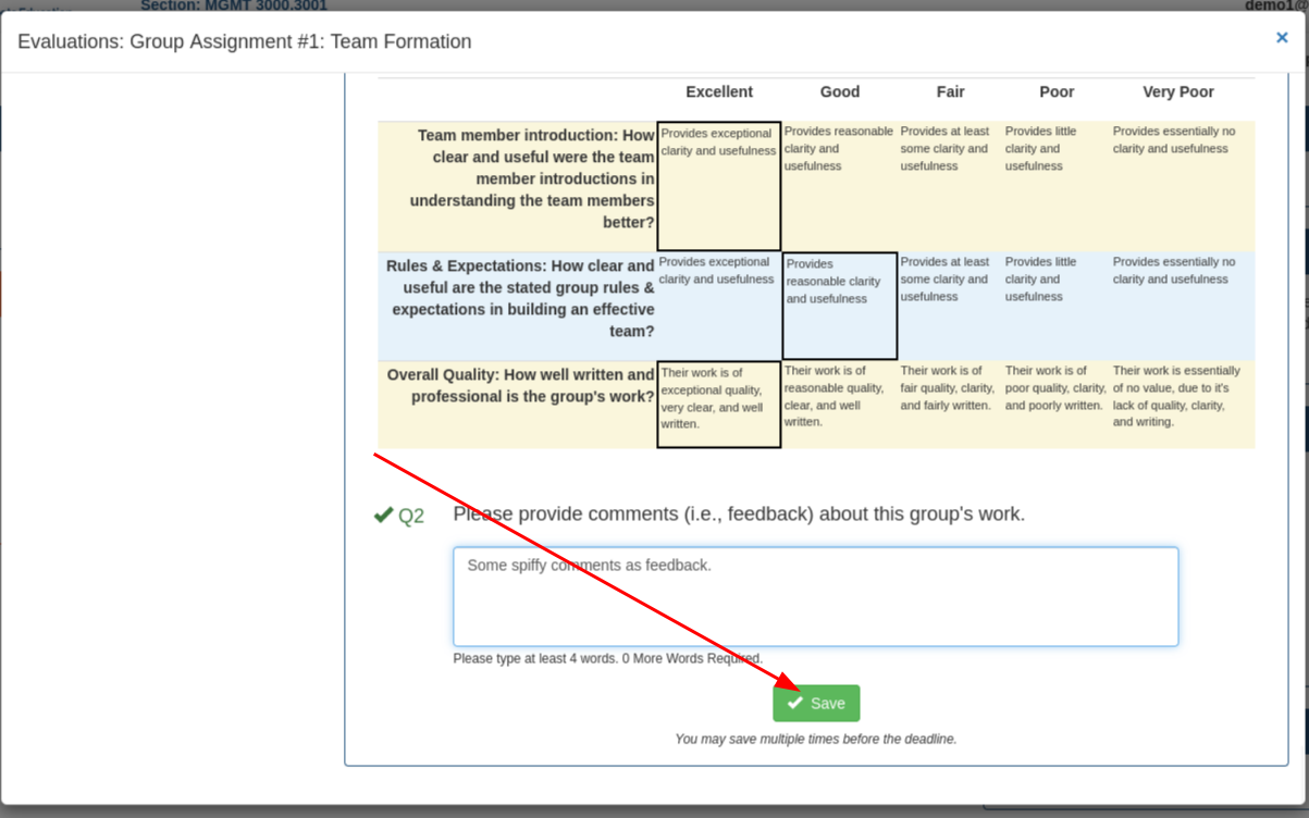 Peer review question grid with a comment box and the Save button below it