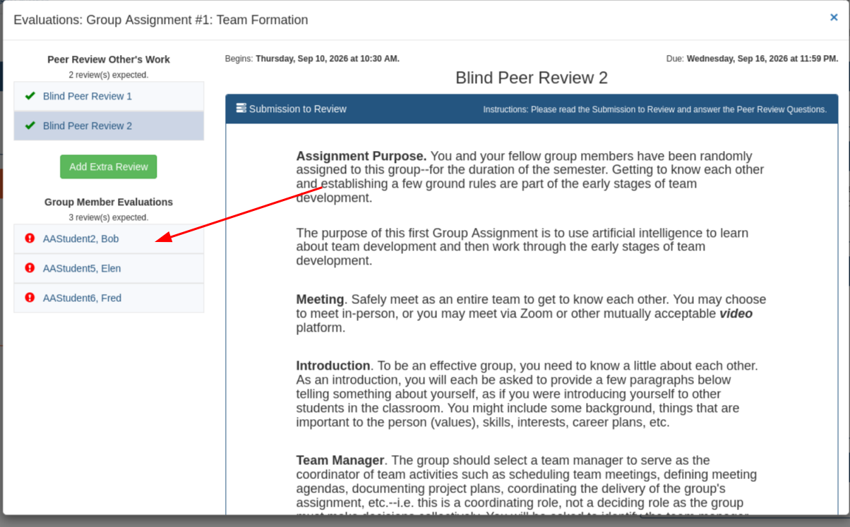 Both peer reviews complete, with the Add Extra Review button and the group member list below