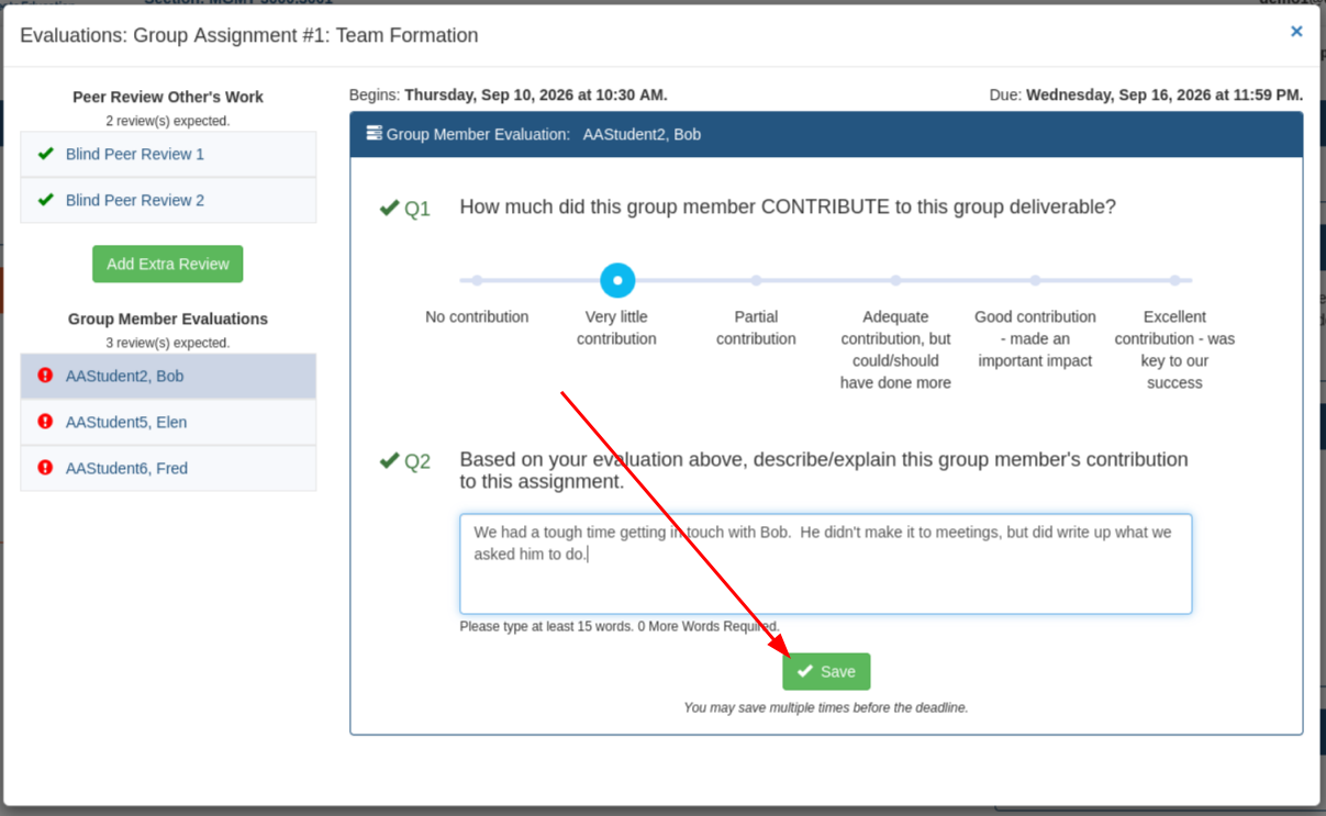 Group member evaluation with a contribution scale and an explanation box above the Save button