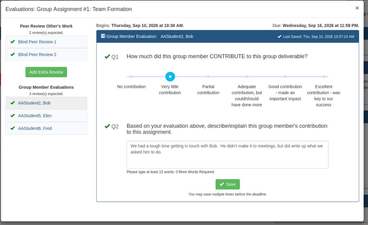 Evaluations window with green check marks beside every peer review and group member